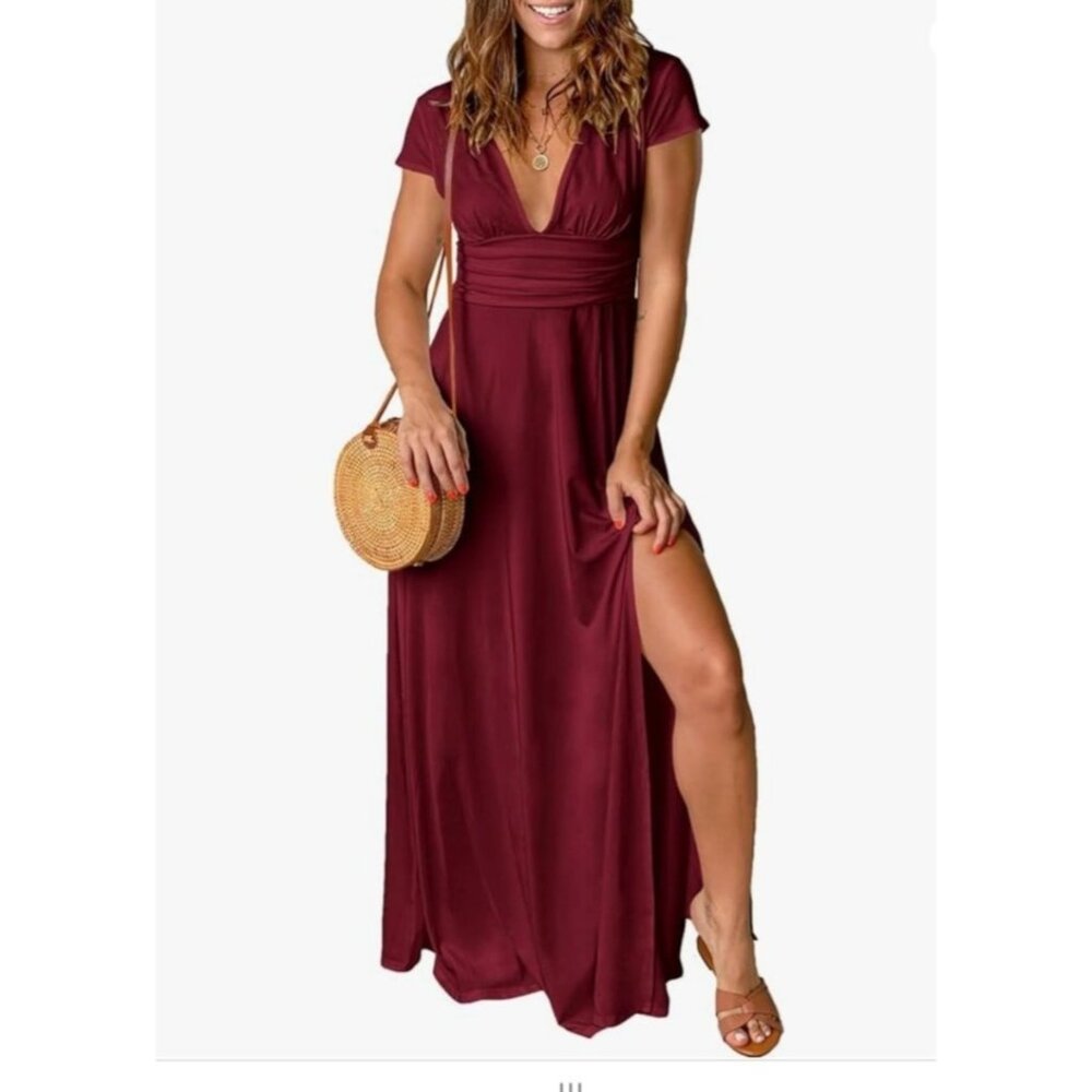 Anrabess Womens Elegant Maxi Dress Deep V-Neck Side Slit Burgundy Size S Party